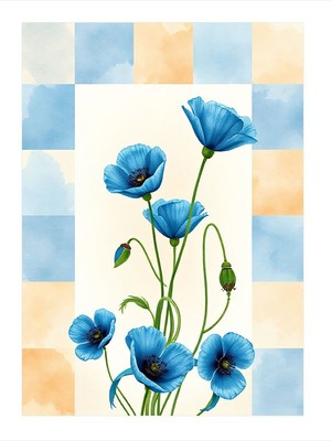 Tablomega Mavi Çiçekler ve Pastel Arka Plan Mdf Poster 18CM x 27CM