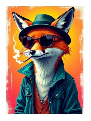 Tablomega Şapkalı Tilki ve Tarz Desenli Ahşap Tablo 35CM X50CM