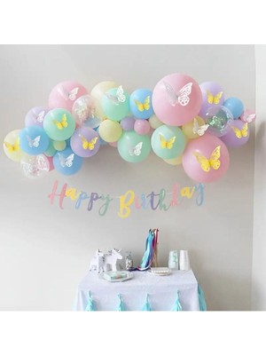 63 Adet Happy Birthday Banner Makaron Kelebek Konseptli Mini Doğum Günü Balon Zincir Parti Seti