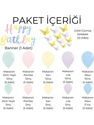 63 Adet Happy Birthday Banner Makaron Kelebek Konseptli Mini Doğum Günü Balon Zincir Parti Seti