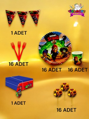 VibeHome 16 Kişilik Brawlstars Temalı Premium Set - Doğum Günü Parti ve Eğlenceli Etkinlikler