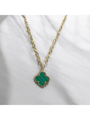 Wisteria Jewelry Van C Dört Yapraklı Yonca Yeşil Taşlı Çift Yönlü Gold Renk Çelik Kolye 316L