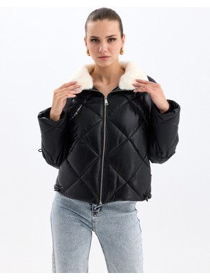 Özel Aspava Deri Kadın Hakiki Deri Şişme Siyah Mont  Beyaz Kürk Yakalı  336