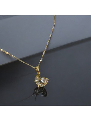 Wisteria Jewelry Zirkon Taşlı Ay Figürlü Gold Renk Çelik Kolye 316L