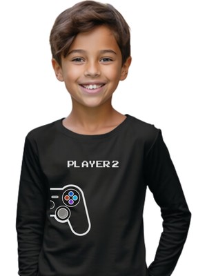 Texclusive Player 2 Baskılı Gamer Tshirt Uzun Kol Çocuk Tişört Siyah