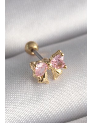 Tua Moda 316L Çelik Gold Renk Pembe Zirkon Taşlı Fiyonk Tragus Piercing