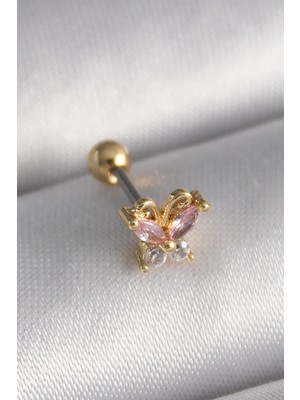 Mrps 316L Çelik Gold Renk Pembe Zirkon Taşlı Kelebek Tragus Piercing