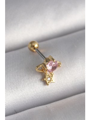 Şan's Boutique 316L Çelik Gold Renk Pembe Zirkon Taşlı Sallantı Yıldız Detay Tragus Piercing