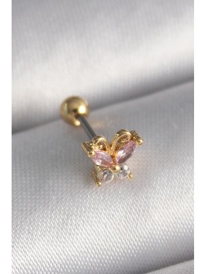 Shoecide 316L Çelik Gold Renk Pembe Zirkon Taşlı Kelebek Tragus Piercing