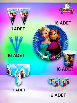 VibeHome 16 Kişilik Frozen Temalı Premium Set - Doğum Günü Parti ve Eğlenceli Etkinlikler