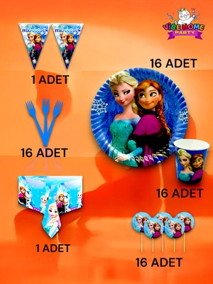 VibeHome 16 Kişilik Frozen Temalı Premium Set - Doğum Günü Parti ve Eğlenceli Etkinlikler