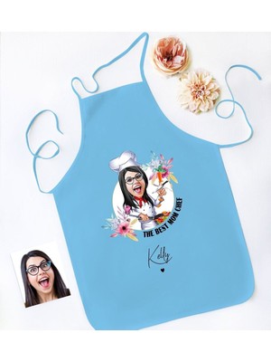 Mediterian Kişiye Özel Renkli Mavi Karikatürlü Mutfak ve Aşçı Önlüğü 77x150