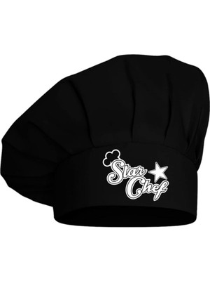 Mediterian Şef Aşçı Siyah Mantar Kep, Star Baskılı, Şık ve Kullanışlı Tasarım