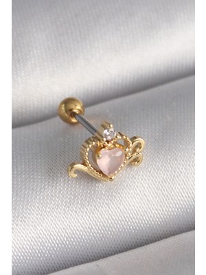 Toptan Bulurum 316L Çelik Gold Renk Pembe Mineli Kalp Zirkon Taş Detay Tragus Piercing - TJ-PR1260