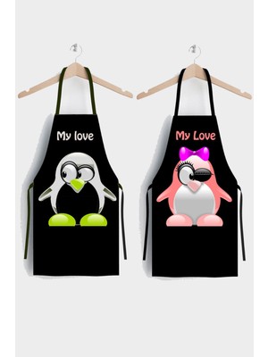 Mediterian Penguen desenli ikili mutfak önlüğü seti, şık ve kullanışlı polyester mutfak aksesuarları