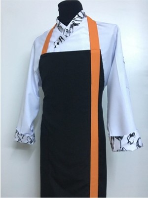 Mediterian Turuncu Bantlı Boydan Askılı Mutfak ve Restoran Önlüğü, Polyester, Siyah