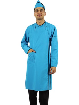 Mediterian Turkuaz ve siyah alpaka kumaş askılı mutfak önlüğü, cepli, 70x90 cm