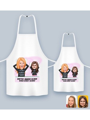 Mediterian İkili Kişiye Özel Anne ve Kız Karikatürlü Mutfak Önlüğü Seti, Renkli, Outlast materyal