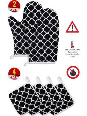 Mediterian 6 Parça Siyah Fırın Eldiveni ve Tencere Tutacak Mutfak Seti, 220°C Isıya Dayanıklı