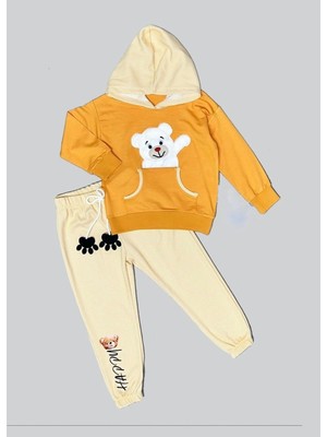 2-3-4 Yaş Pelüş Ayı Desenli Kapşonlu Uzun Kollu Penye Sweat 2li Erkek Çocuk Takımı