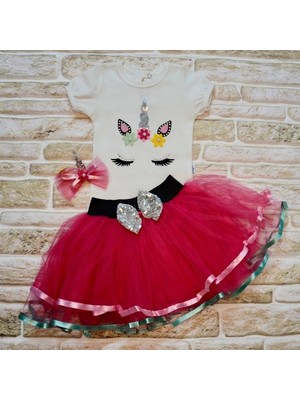 9-12-18 Ay Payetli Pony Nakışlı Tokalı Kısa Kollu Tütü Etek 3lü Kız Bebek Takımı