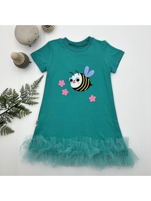 1-2-3 Yaş Arıcık Nakışlı Eteği Fırfırlı Jile Kız Çocuk Elbisesi