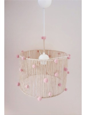 Mediterian Pembe Ponponlu Hasır Sarkıt Avize, Çocuk Odası için Şık Aydınlatma, 30x30 cm