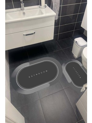 Tekno Trust Su Emici Banyo Paspası Sünger Dolgulu Ikili Makinede Yıkanabilir Gri Siyah Banyo Takımı