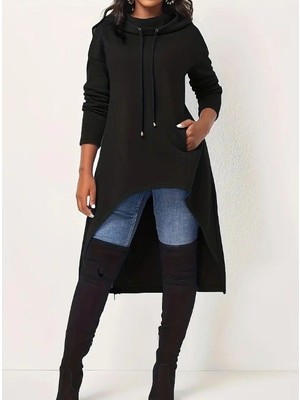 Kadın Uzun Kollu Geniş Dökümlü Yaka Etek Ucu Ters U Iki Iplik Kapüşonlu Tunik - Siyah