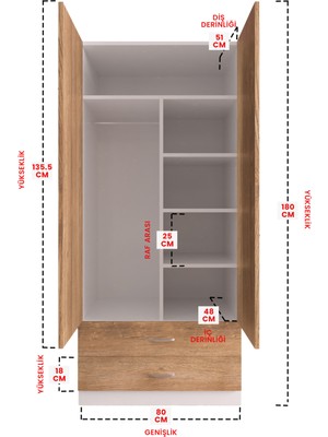 Hediyeler Kapında Aynalı 2 Kapaklı Gardırop 5 Raflı 2 Çekmeceli Askılı Elbise Dolabı