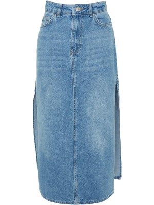 Kadın Moda Stil Maxi Astarsız Denim Yırtmaçlı Yüksek Bel Maxi Denim Etek