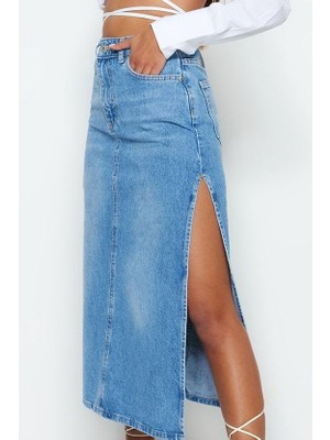 Kadın Moda Stil Maxi Astarsız Denim Yırtmaçlı Yüksek Bel Maxi Denim Etek