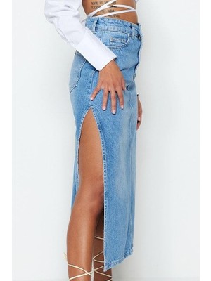 Kadın Moda Stil Maxi Astarsız Denim Yırtmaçlı Yüksek Bel Maxi Denim Etek