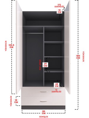 Hediyeler Kapında Aynalı 2 Kapaklı Gardırop 5 Raflı 2 Çekmeceli Askılı Elbise Dolabı Beyaz Antrasit