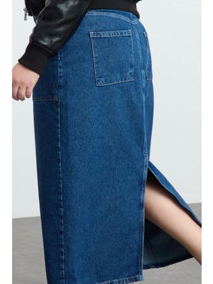 FRM Kadın Moda Stil Midi Astarsız Denim Büyük Beden More Sustainable Cep Detaylı Midi Denim Etek