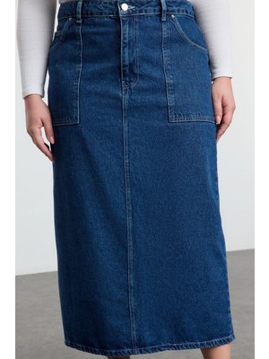 FRM Kadın Moda Stil Midi Astarsız Denim Büyük Beden More Sustainable Cep Detaylı Midi Denim Etek