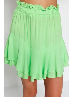 FRM Kadın Moda Stil Mini Astarsız Dokuma Yeşil Mini Dokuma Fırfırlı Etek