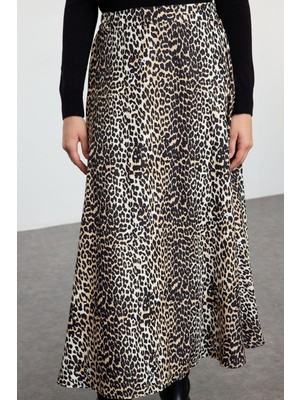 FRM Kadın Moda Stil Maxi Astarlı Dokuma Tesettür Leopar Desenli Dokuma Etek