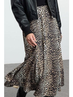 FRM Kadın Moda Stil Maxi Astarlı Dokuma Tesettür Leopar Desenli Dokuma Etek