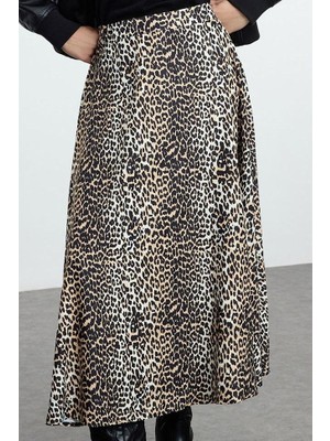 FRM Kadın Moda Stil Maxi Astarlı Dokuma Tesettür Leopar Desenli Dokuma Etek