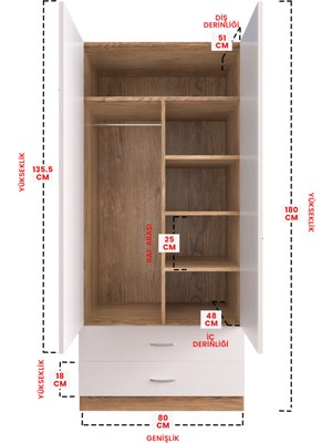 Hediyeler Kapında Aynalı 2 Kapaklı Gardırop 5 Raflı 2 Çekmeceli Askılı Elbise Dolabı Ahşap Beyaz