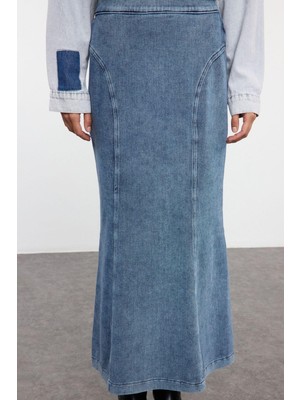 Kadın Moda Stil Maxi Astarsız Denim Dikiş Detaylı Yüksek Bel Maxi Denim Etek