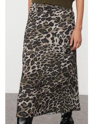 Kadın Moda Stil Midi Astarsız Dokuma Leopar Desenli Saten Midi Boy Dokuma Etek