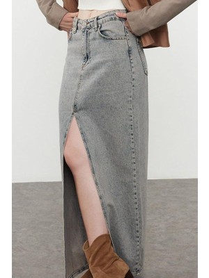 FRM Kadın Moda Stil Maxi Astarsız Denim Yırtmaçlı Maxi Denim Etek