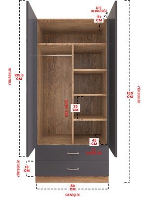Hediyeler Kapında Aynalı 2 Kapaklı Gardırop 5 Raflı 2 Çekmeceli Askılı Elbise Dolabı Ahşap Antrasit