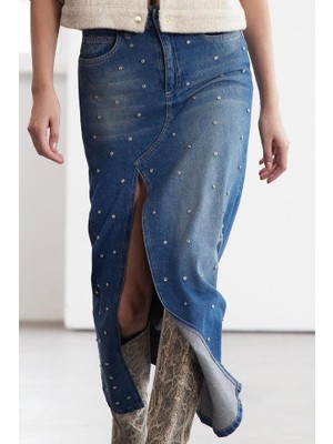 FRM Kadın Moda Stil Maxi Astarsız Denim Limited Edition Taşlı Yüksek Bel Maxi Denim Etek