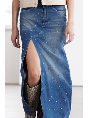 FRM Kadın Moda Stil Maxi Astarsız Denim Limited Edition Taşlı Yüksek Bel Maxi Denim Etek