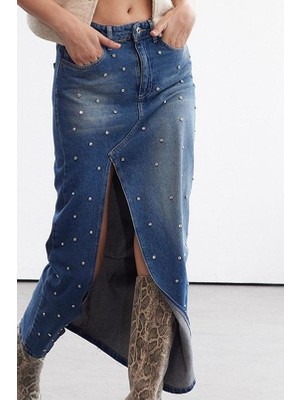 FRM Kadın Moda Stil Maxi Astarsız Denim Limited Edition Taşlı Yüksek Bel Maxi Denim Etek