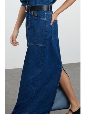 FRM Kadın Moda Stil Midi Astarsız Denim More Sustainable Cep Detaylı Maxi Denim Etek