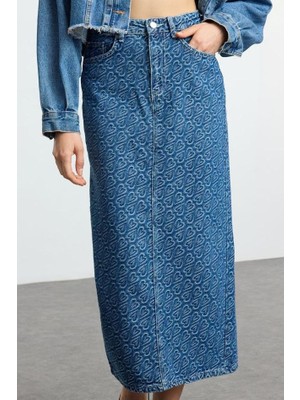 FRM Kadın Moda Stil Maxi Astarsız Denim Kalp Jakarlı Denim Midi Etek